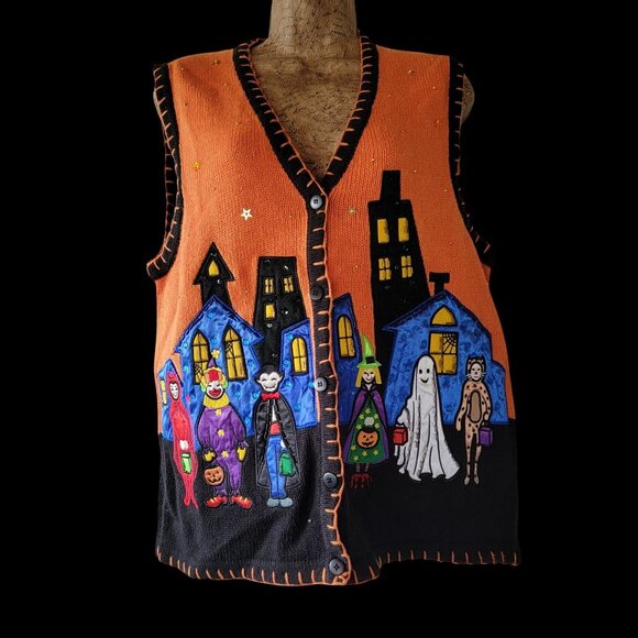 Vtg 90s Y2K Halloween Themed Knitted Button-Up Vest With Embroidered Details - Picture 1 of 16